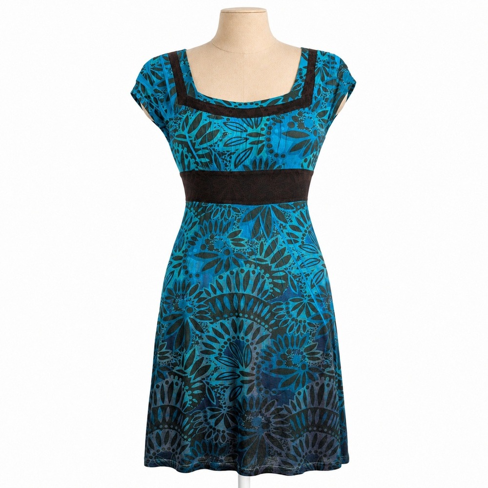 Vintage Y2K Empire Waist Babydoll Mini Dress Sz M Teal Floral Preppy Indie Fairy